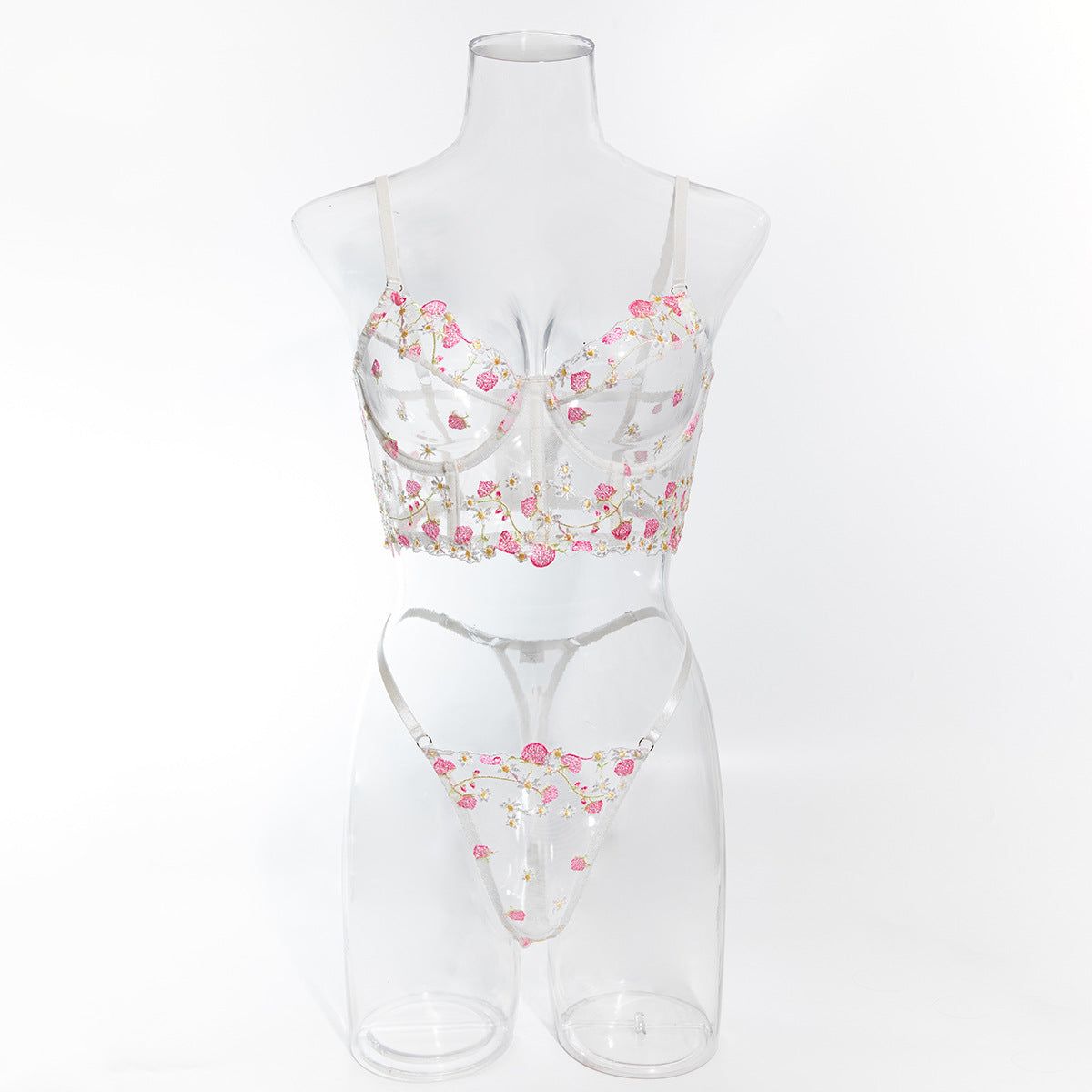 House Of Dasein Sweet Floral Embroidered Boned Camisole And Thong Set For Women's Sexy Hollow Out Lingerie - White - L - Image 1