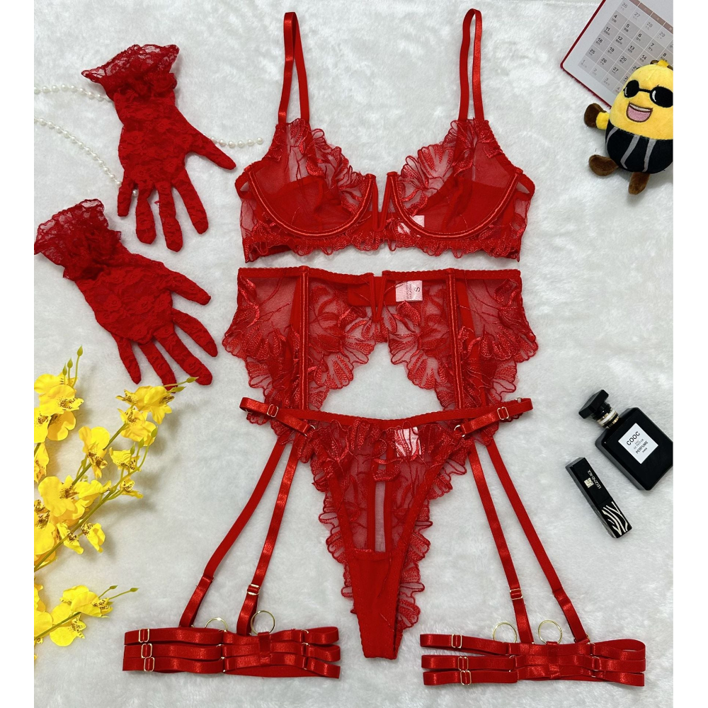 House Of Dasein Lace Hollow Comfortable Sheer Sexy Lingerie Underwear Garter Belt Separated Five Piece Set - Red - M - Image 1