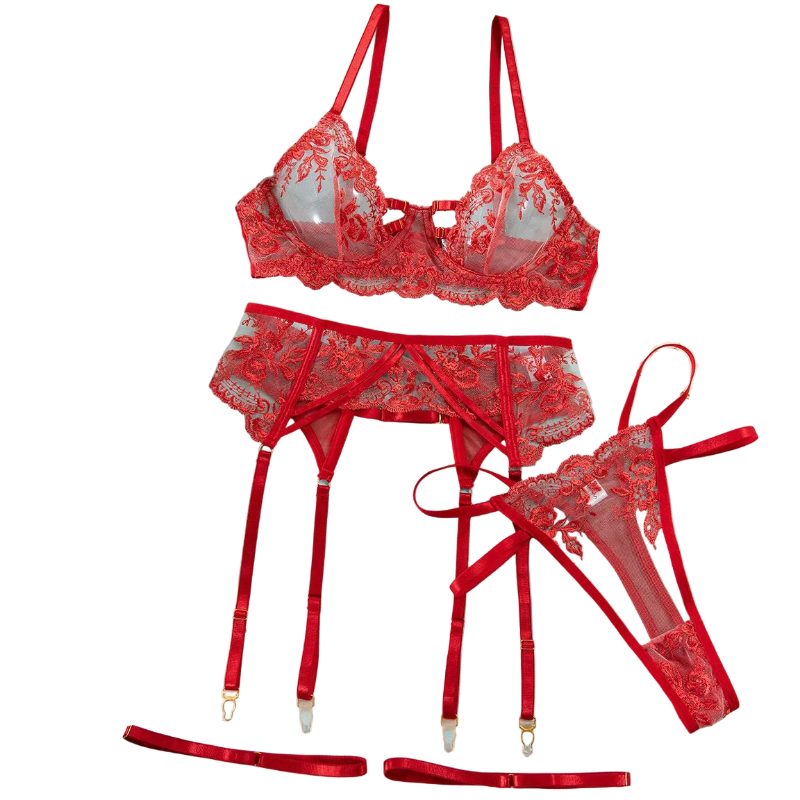 House Of Dasein Sexy Transparent Tempting Embroidered Bra And Garter Belt Four-Piece Set Womens Valentines Day Lingerie - Red - Xl - Image 1
