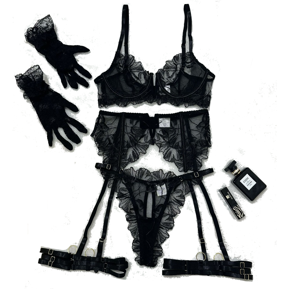 House Of Dasein Lace Hollow Comfortable Sheer Sexy Lingerie Underwear Garter Belt Separated Five Piece Set - Black - L - Image 2
