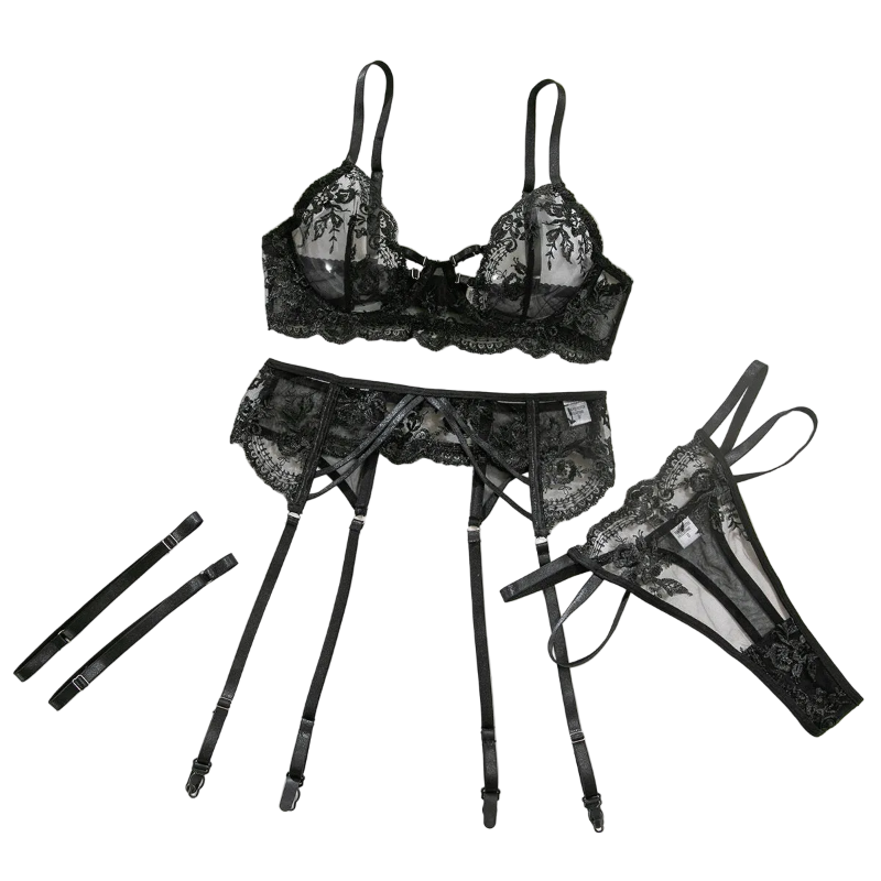 House Of Dasein Sexy Transparent Tempting Embroidered Bra And Garter Belt Four-Piece Set Womens Valentines Day Lingerie - Black - L - Image 1