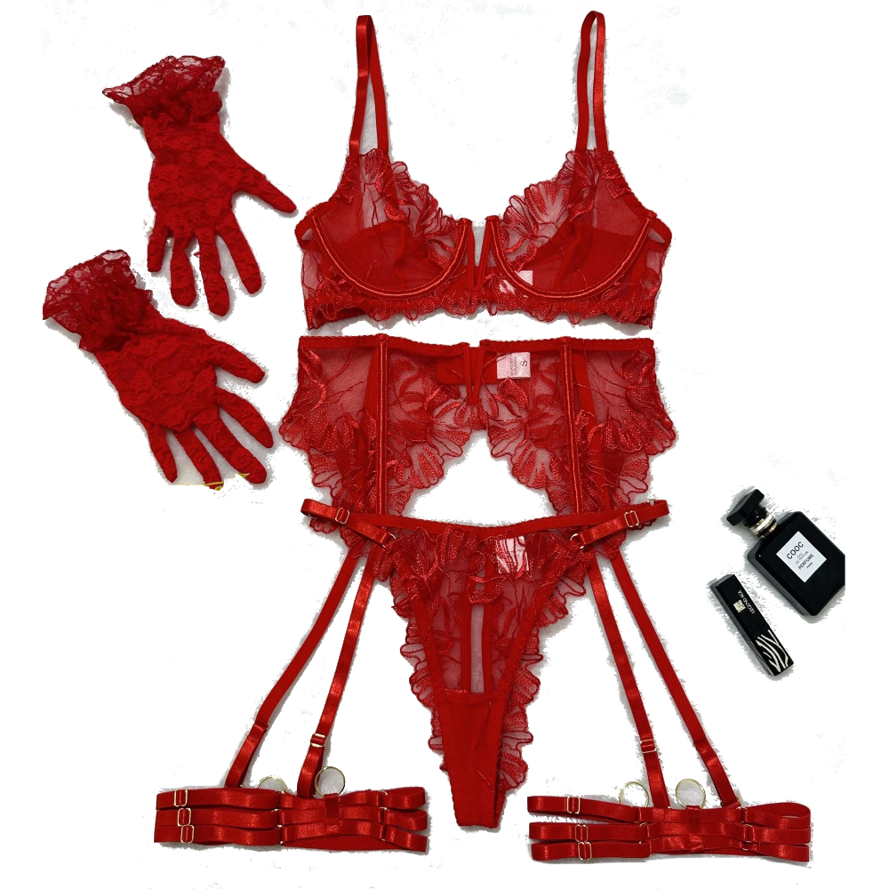 House Of Dasein Lace Hollow Comfortable Sheer Sexy Lingerie Underwear Garter Belt Separated Five Piece Set - Red - S - Image 2