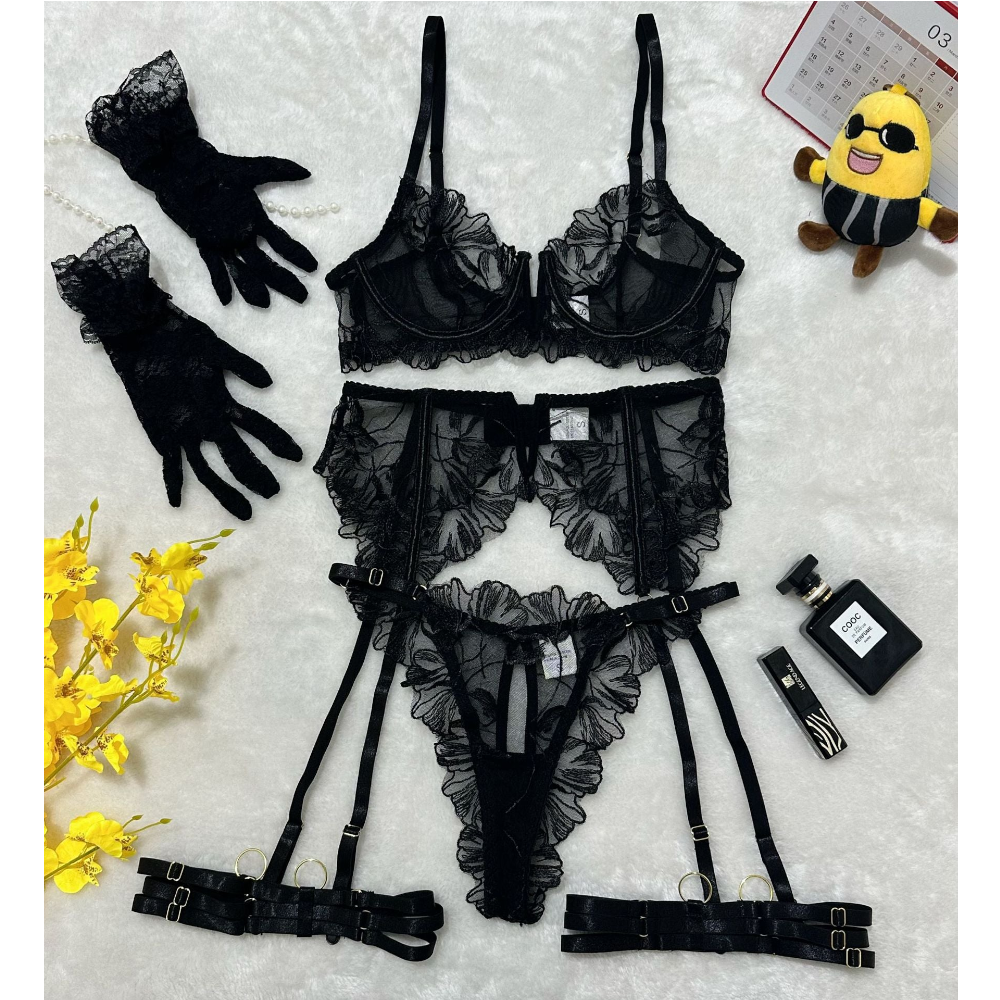 House Of Dasein Lace Hollow Comfortable Sheer Sexy Lingerie Underwear Garter Belt Separated Five Piece Set - Black - S - Image 1