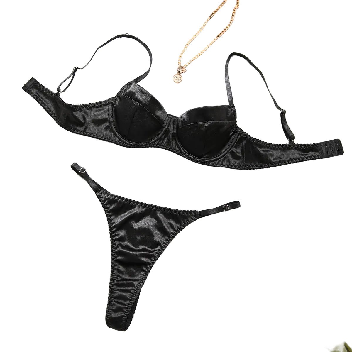 House Of Dasein Sexy Satin Lingerie Set For Women Thin And Comfortable With Gathering Supportive Design Prevents Sagging French Style Bra - Black - S - Image 1