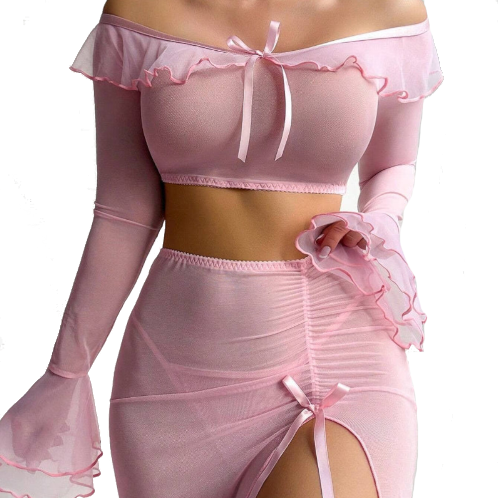House Of Dasein Transparent Mesh Uniform Temptation High Slit Long Skirt Erotic Lingerie Set - Pink - Xl - Image 2
