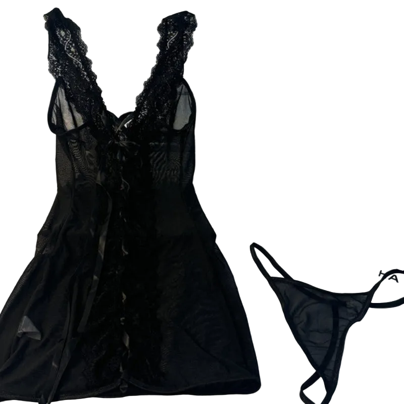 House Of Dasein Sexy Lace V-Neck Transparent Temptation Nightgown Erotic Underwear Pure Desire With Thong - Black - M - Image 1