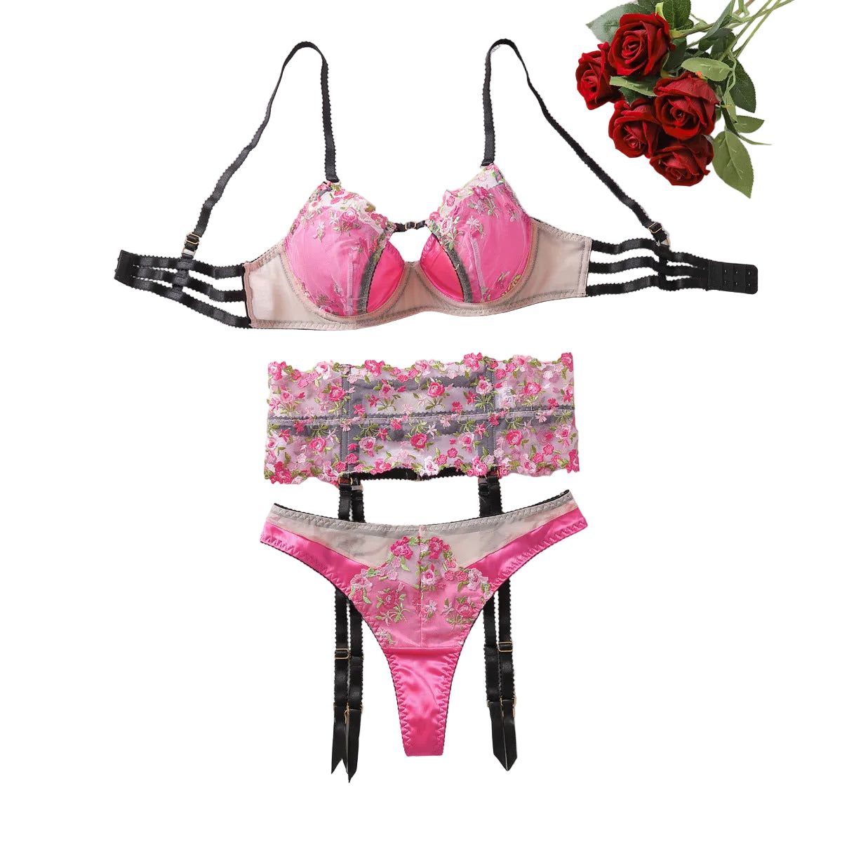 House Of Dasein Sexy Mesh Perspective Embroidery Flower Gathering Fun Underwear 3-Piece Set - Black Pink - S - Image 1