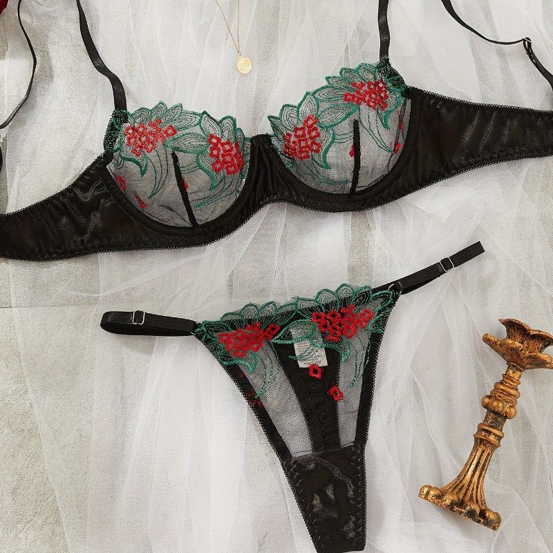 House Of Dasein Underwear Three Point Sexy Mesh Embroidery Perspective Fun Lingerie Set Women's Pants Temptation - Black - Xl - Image 1