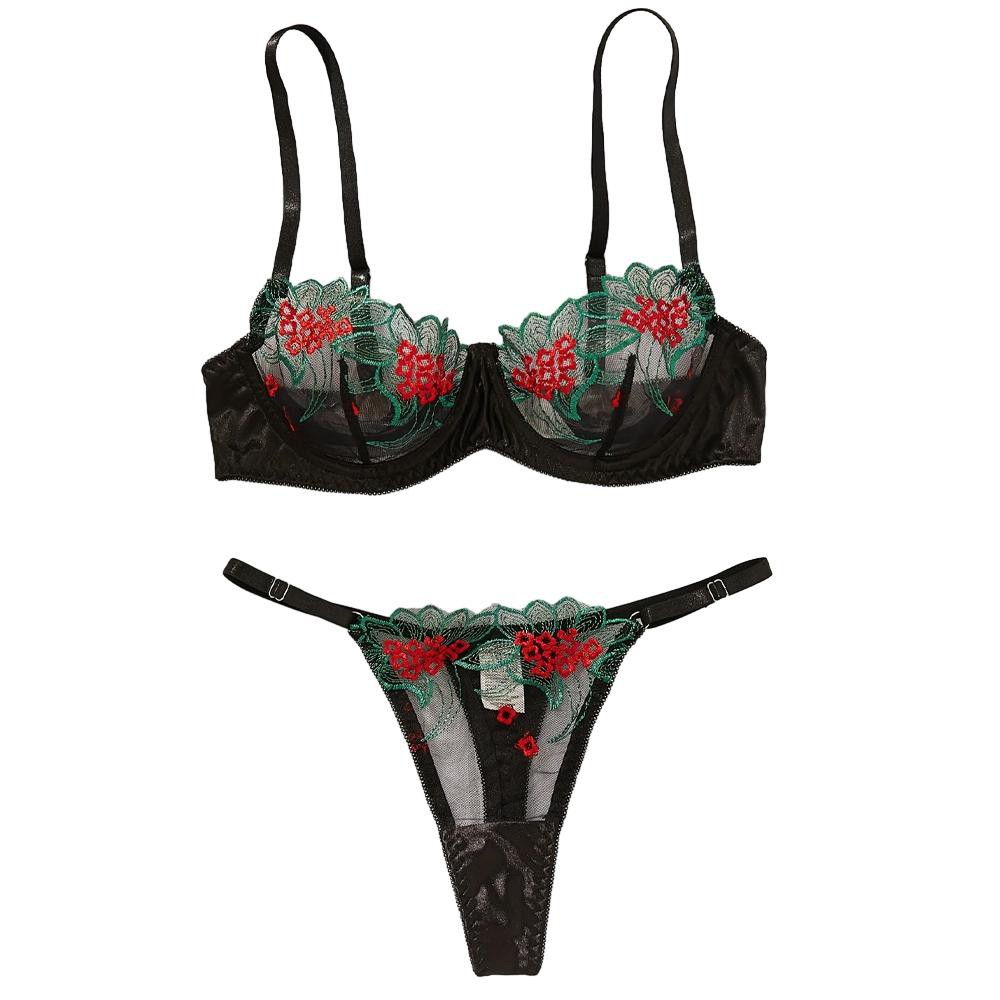 House Of Dasein Underwear Three Point Sexy Mesh Embroidery Perspective Fun Lingerie Set Women's Pants Temptation - Black - Xl - Image 2
