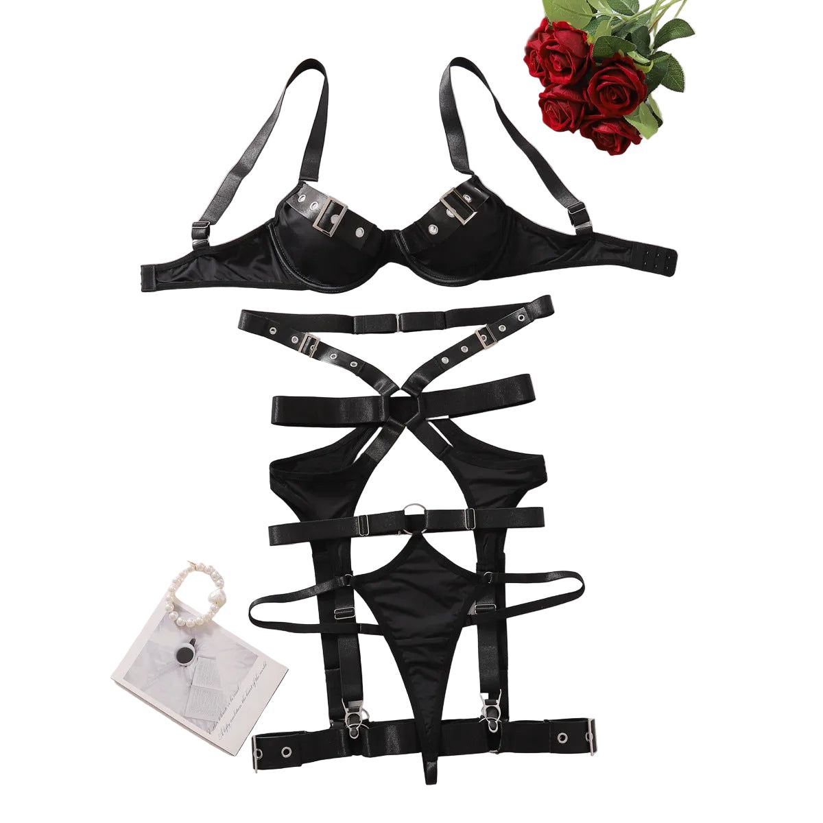 House Of Dasein Strap Cross Uniform Set Sexy Gathering Fun Underwear Four Piece - Black - M - Image 1