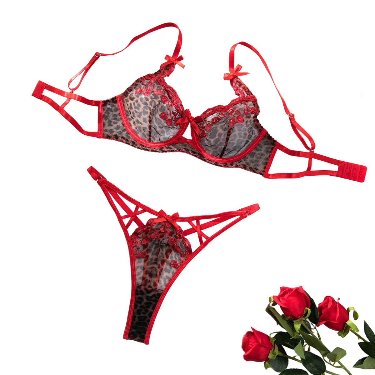 House Of Dasein Sexy Leopard Print Red Embroidered Cherry Thin Push-Up Bow Bra Women's Two-Piece Set - Red - Xl - Image 1