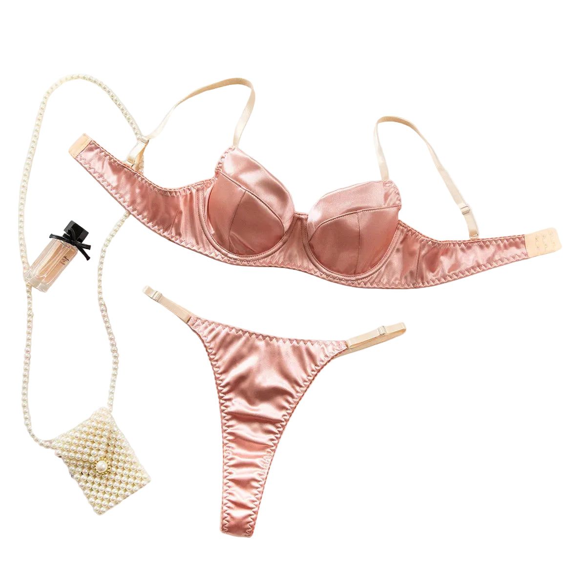 House Of Dasein Sexy Satin Lingerie Set For Women Thin And Comfortable With Gathering Supportive Design Prevents Sagging French Style Bra - Champagne - M - Image 1