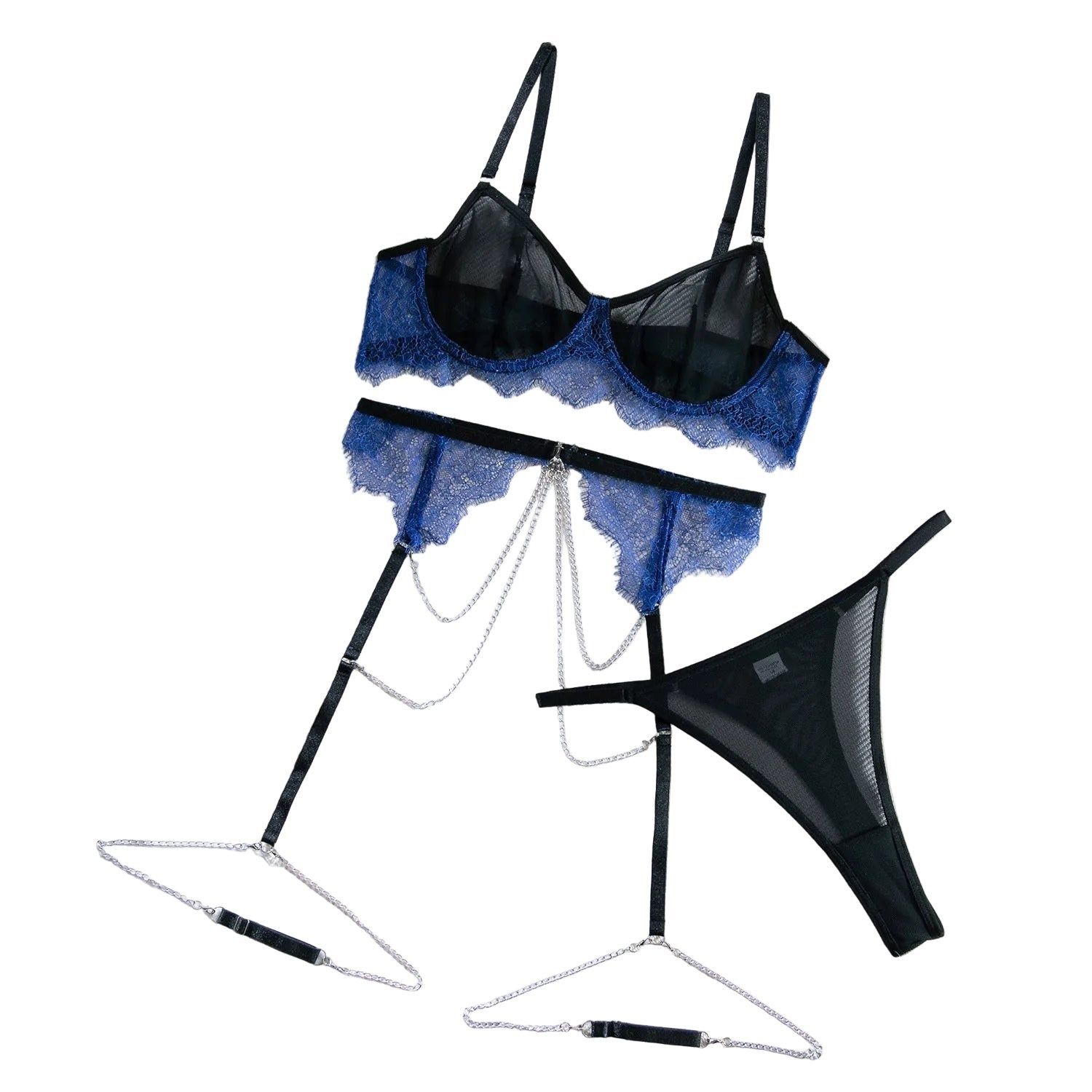 House Of Dasein Sexy Lingerie Lace Mesh Splicing Contrast Color Gathered Transparent With Chain Three-Piece Set - Black - M - Image 1