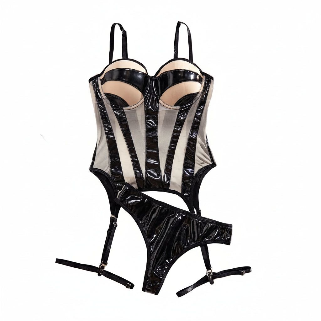 House Of Dasein Sexy Leather Fabric Spliced Mesh Suspender Lingerie Three Piece Set - Black Skin Color - S - Image 1