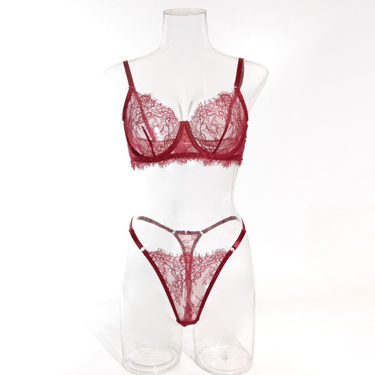 House Of Dasein Sexy Lace Bra And Underwear Set For Women - Lightweight Breathable - Wine Red - S - Image 1