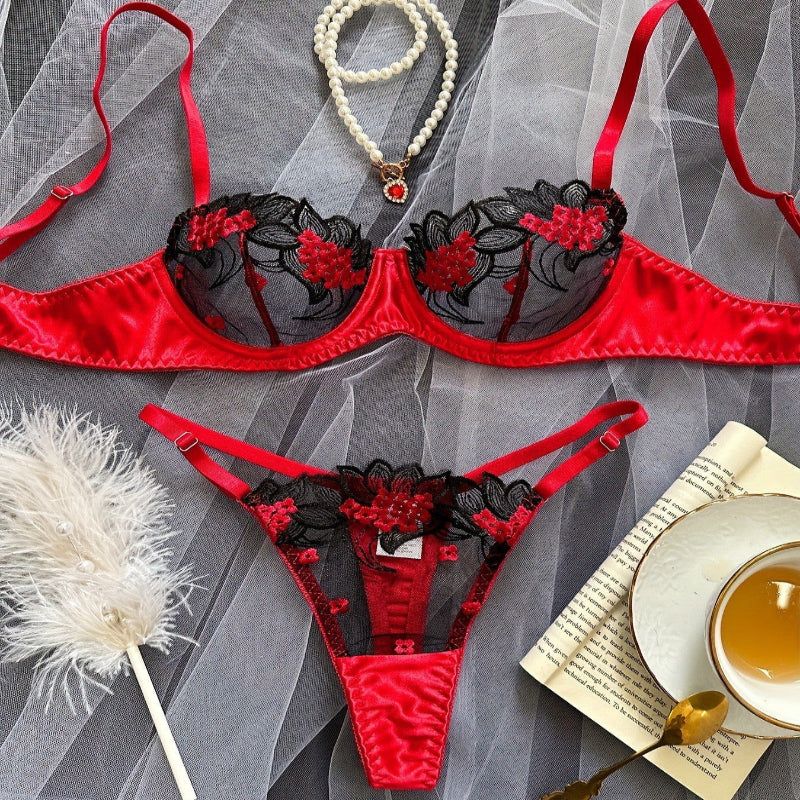 House Of Dasein Underwear Three Point Sexy Mesh Embroidery Perspective Fun Lingerie Set Women's Pants Temptation - Red - S - Image 1