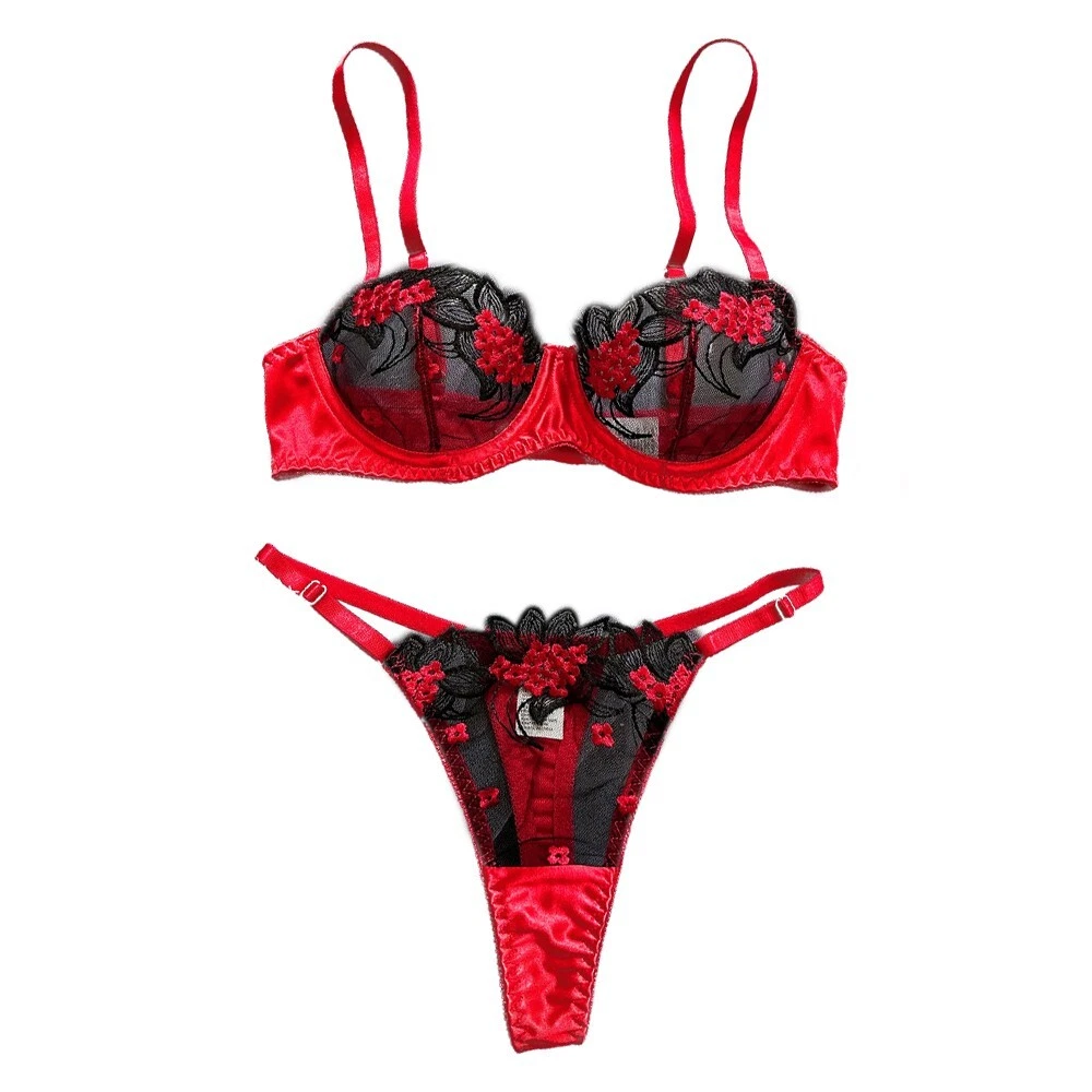 House Of Dasein Underwear Three Point Sexy Mesh Embroidery Perspective Fun Lingerie Set Women's Pants Temptation - Red - S - Image 2