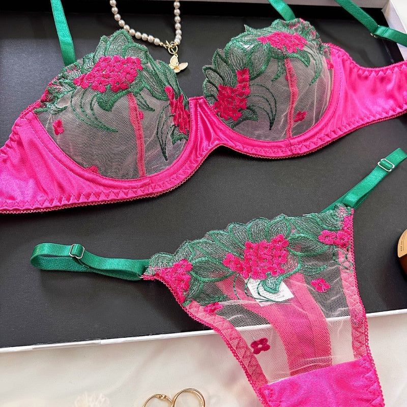 House Of Dasein Underwear Three Point Sexy Mesh Embroidery Perspective Fun Lingerie Set Women's Pants Temptation - Rose Red - S - Image 1