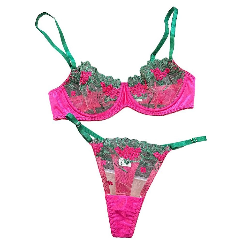 House Of Dasein Underwear Three Point Sexy Mesh Embroidery Perspective Fun Lingerie Set Women's Pants Temptation - Rose Red - S - Image 2