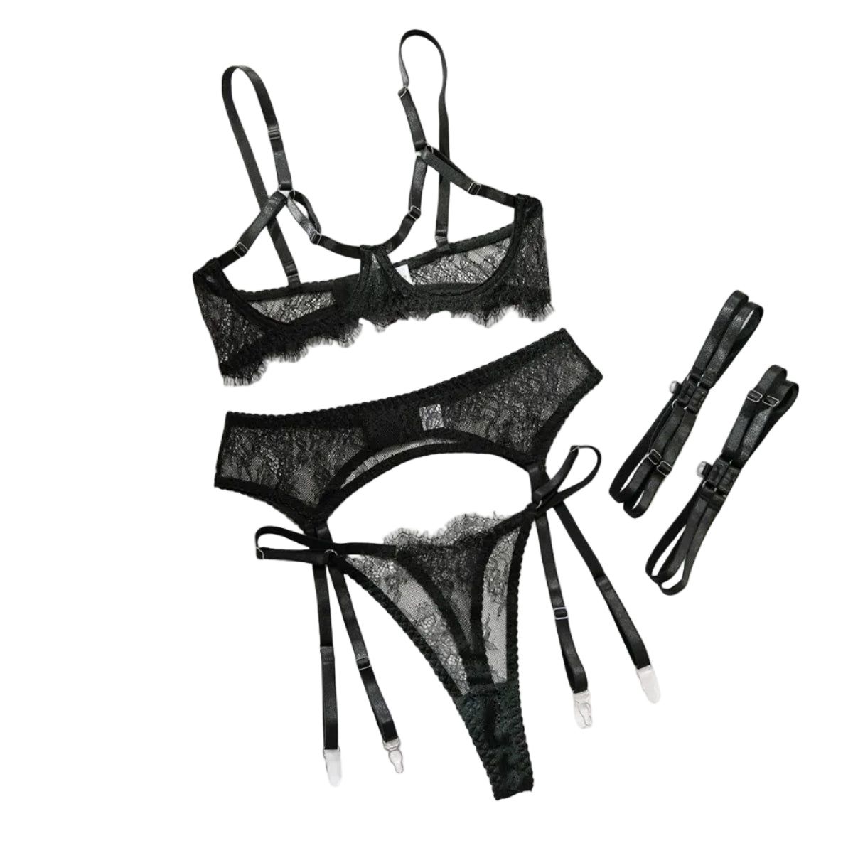 House Of Dasein Sexy Black Lace Hollow-Out No-Removal Passion Temptation Erotic Underwear Four-Piece Set - Black - M - Image 1