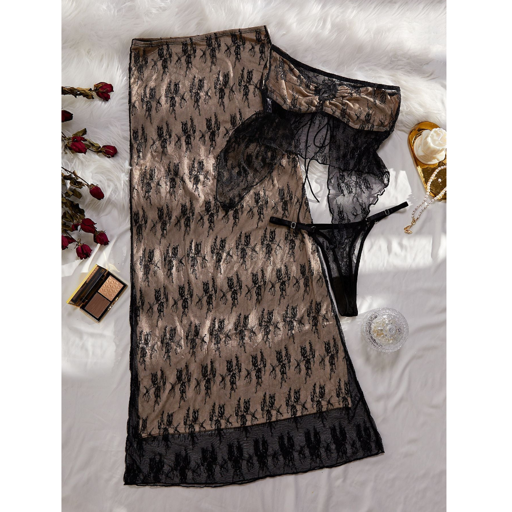 House Of Dasein Lace Embroidery Sexy Tie Strapless Floor Length Long Skirt Three Piece Set For Women - Black - S - Image 1