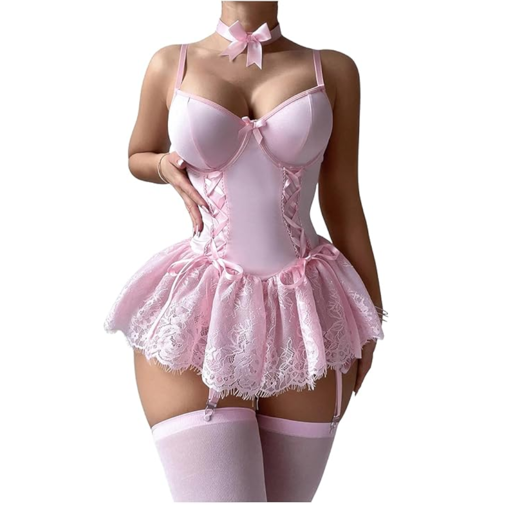 House Of Dasein Cross-Border Pure Desire Shapewear Jumpsuit With Suspender Stockings Set Erotic Lingerie Sexy Mesh Bow Suspenders Lace Dress - Pink - Xl - Image 1