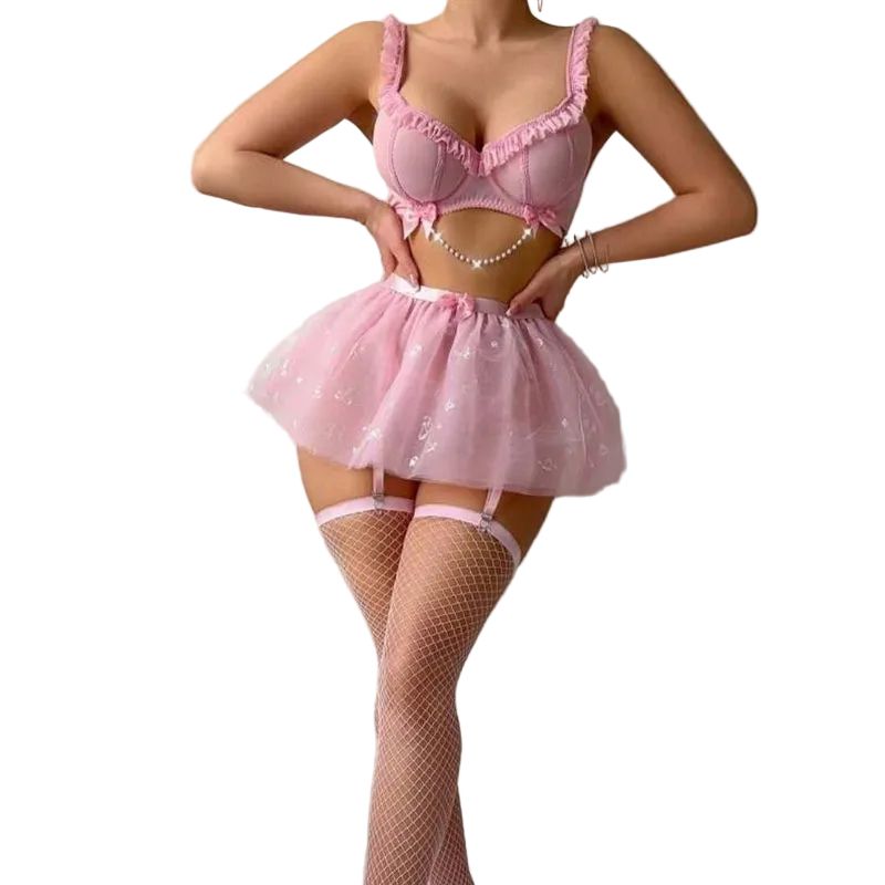House Of Dasein Cross-Border Foreign Trade Fashion Simple Sexy Beaded Chain Transparent Mesh Pleated Lace Strap Lingerie Set - Pink - L - Image 2