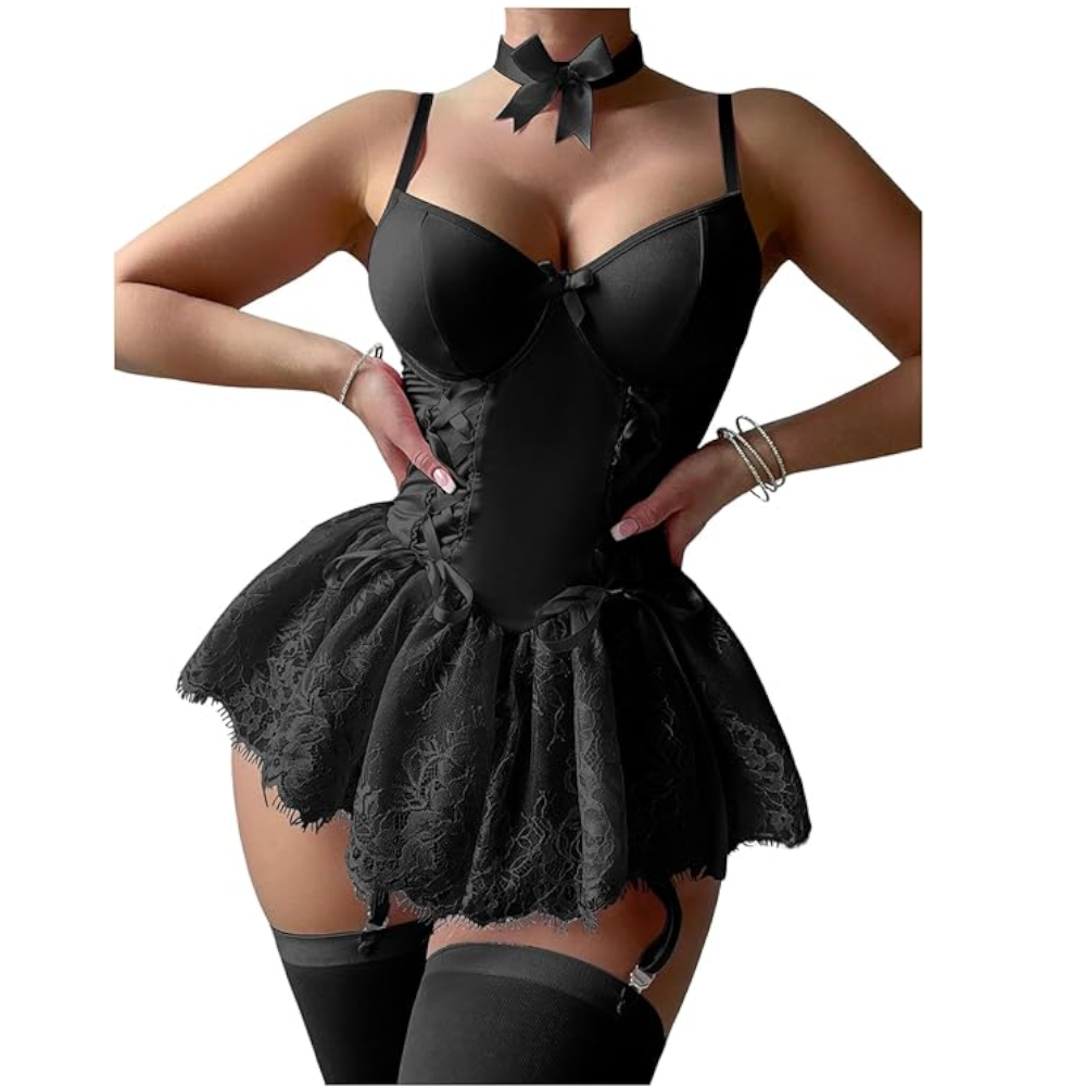 House Of Dasein Cross-Border Pure Desire Shapewear Jumpsuit With Suspender Stockings Set Erotic Lingerie Sexy Mesh Bow Suspenders Lace Dress - Black - M - Image 1