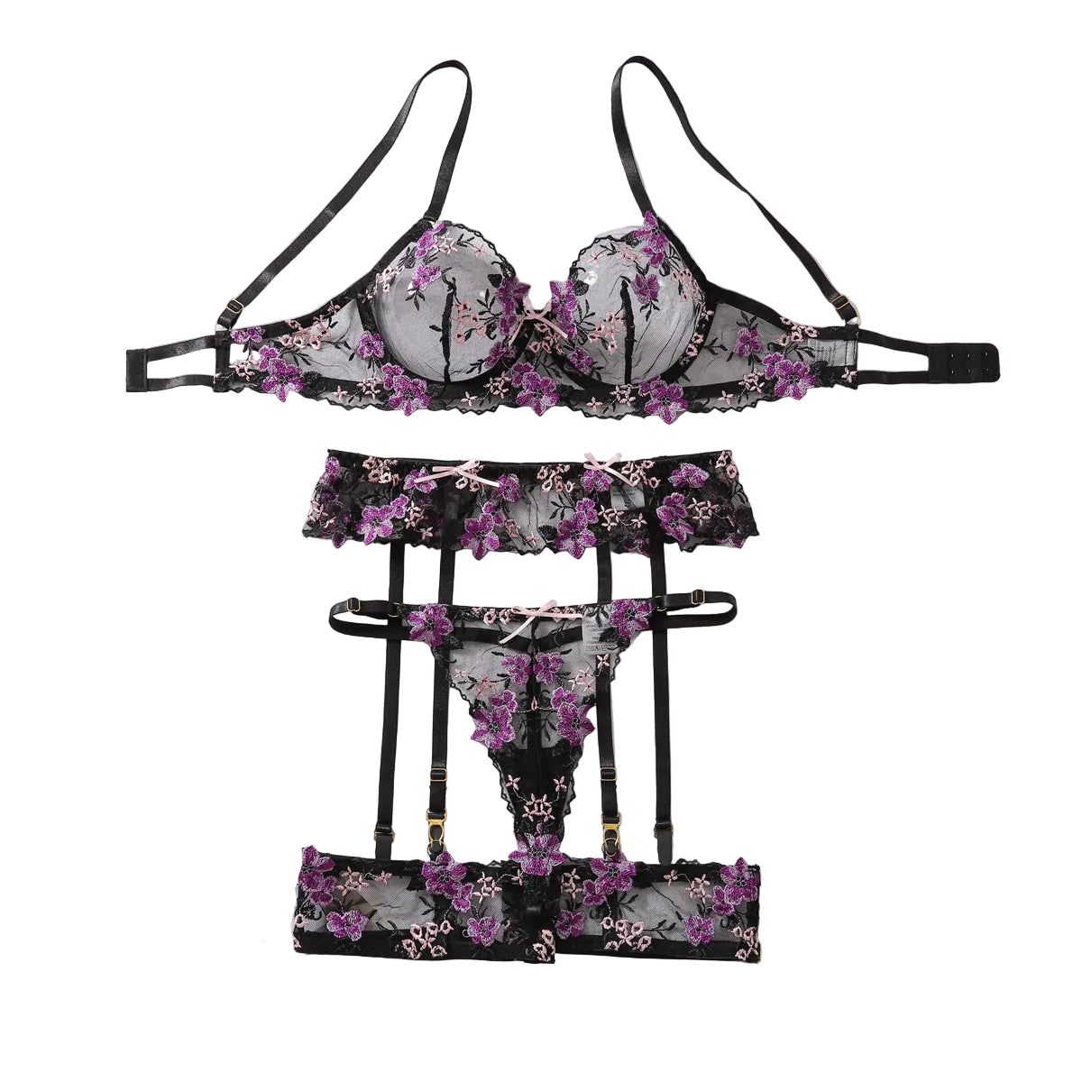 House Of Dasein Purple Sexy Lace Embroidered Bra Collar Underwear Set - Dark Purple - M - Image 1