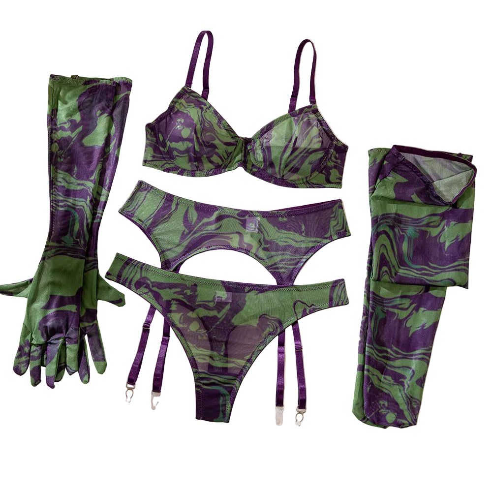 House Of Dasein Erotic Lingerie Set With Gloves And Socks - Sexy Underwear Lace Printed Fabric - Green - S - Image 1