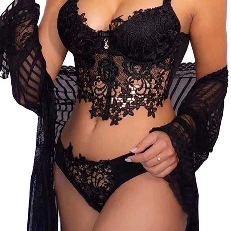 House Of Dasein Cross-Border Sexy Lingerie Seductive Three-Piece Transparent Backless Lace Trim Tempting Sleepwear Two-Piece Set - Black - L - Image 1