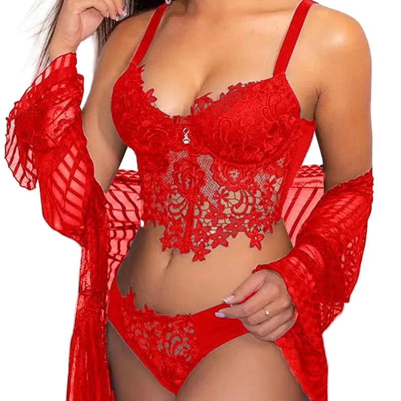 House Of Dasein Cross-Border Sexy Lingerie Seductive Three-Piece Transparent Backless Lace Trim Tempting Sleepwear Two-Piece Set - Red - S - Image 1