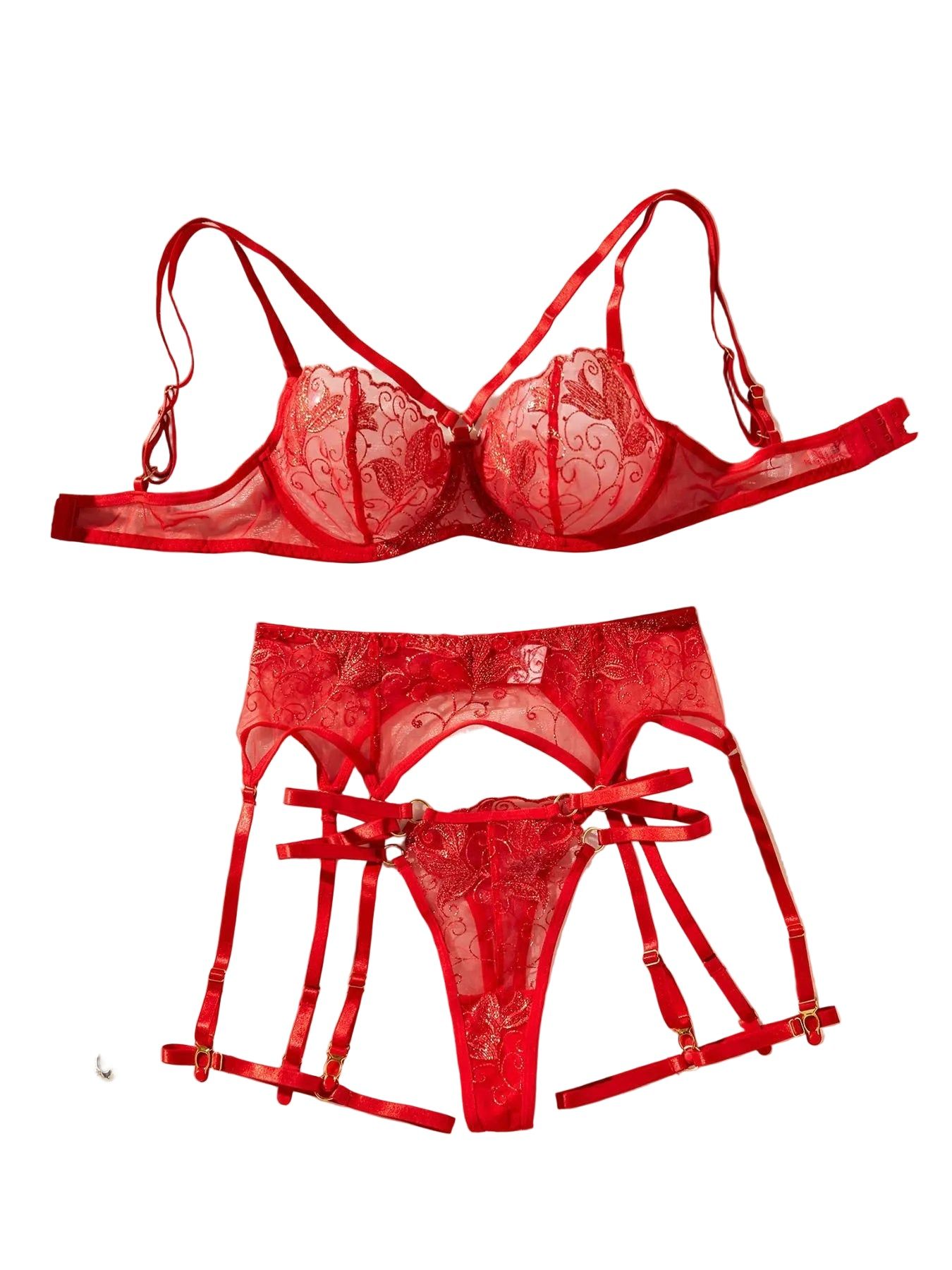House Of Dasein Flower Embroidery Ultra Thin Perspective Sexy Underwear Four Piece Set - Red - L - Image 1
