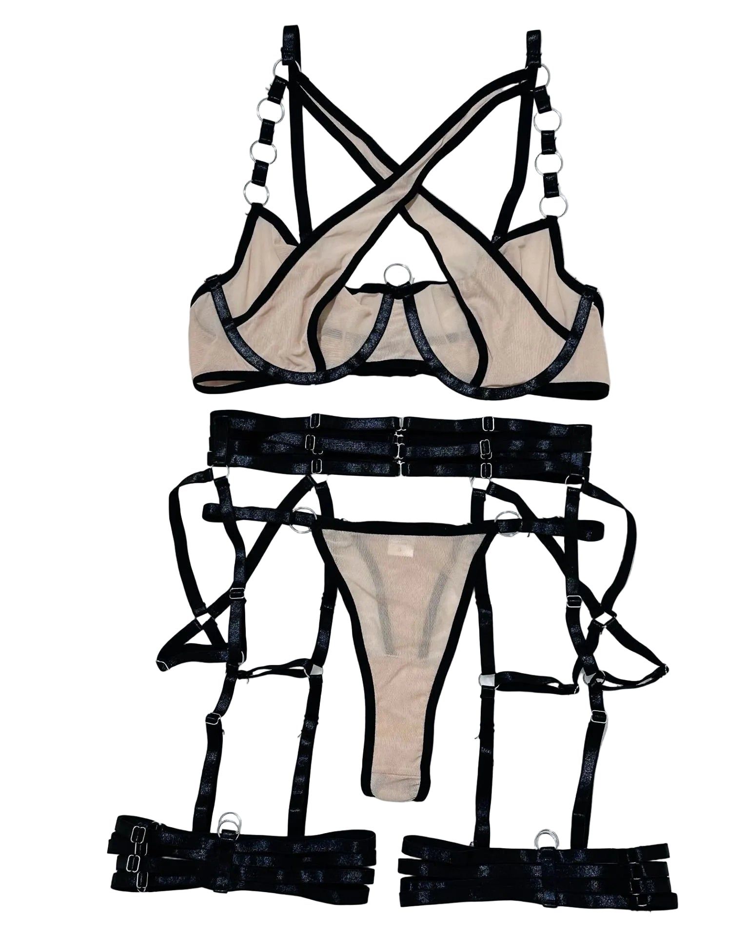 House Of Dasein Cross-Strap Neckline Underwear With Steel Ring Pure Desire Sexy Set For Women - Khaki - L - Image 1