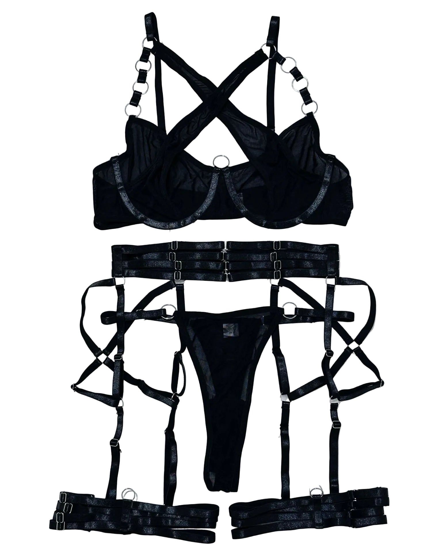 House Of Dasein Cross-Strap Neckline Underwear With Steel Ring Pure Desire Sexy Set For Women - Black - M - Image 1
