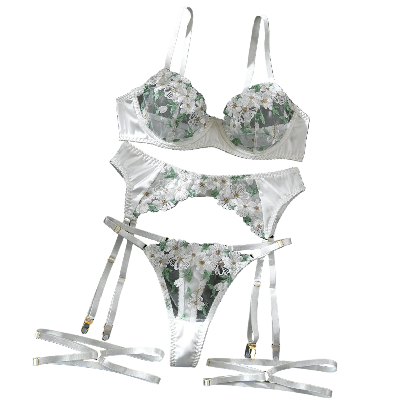 House Of Dasein Sexy Mesh Embroidered Multi Color Floral Bra Set Hollow Shaping Lingerie Four Piece Suit For Women - White - L - Image 1