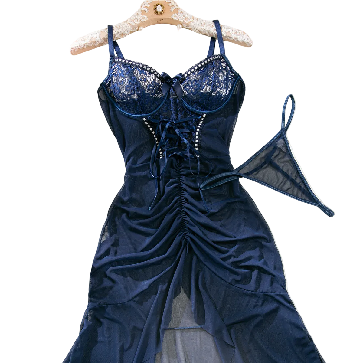 House Of Dasein Cross Border Sexy Lace Transparent Temptation Ultra Thin Mesh Dress And Thong Set - Navy Blue - S - Image 1