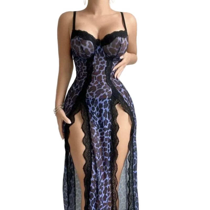 House Of Dasein Sexy Transparent Leopard Print Nightgown And Lingerie Set - Blue - S - Image 1