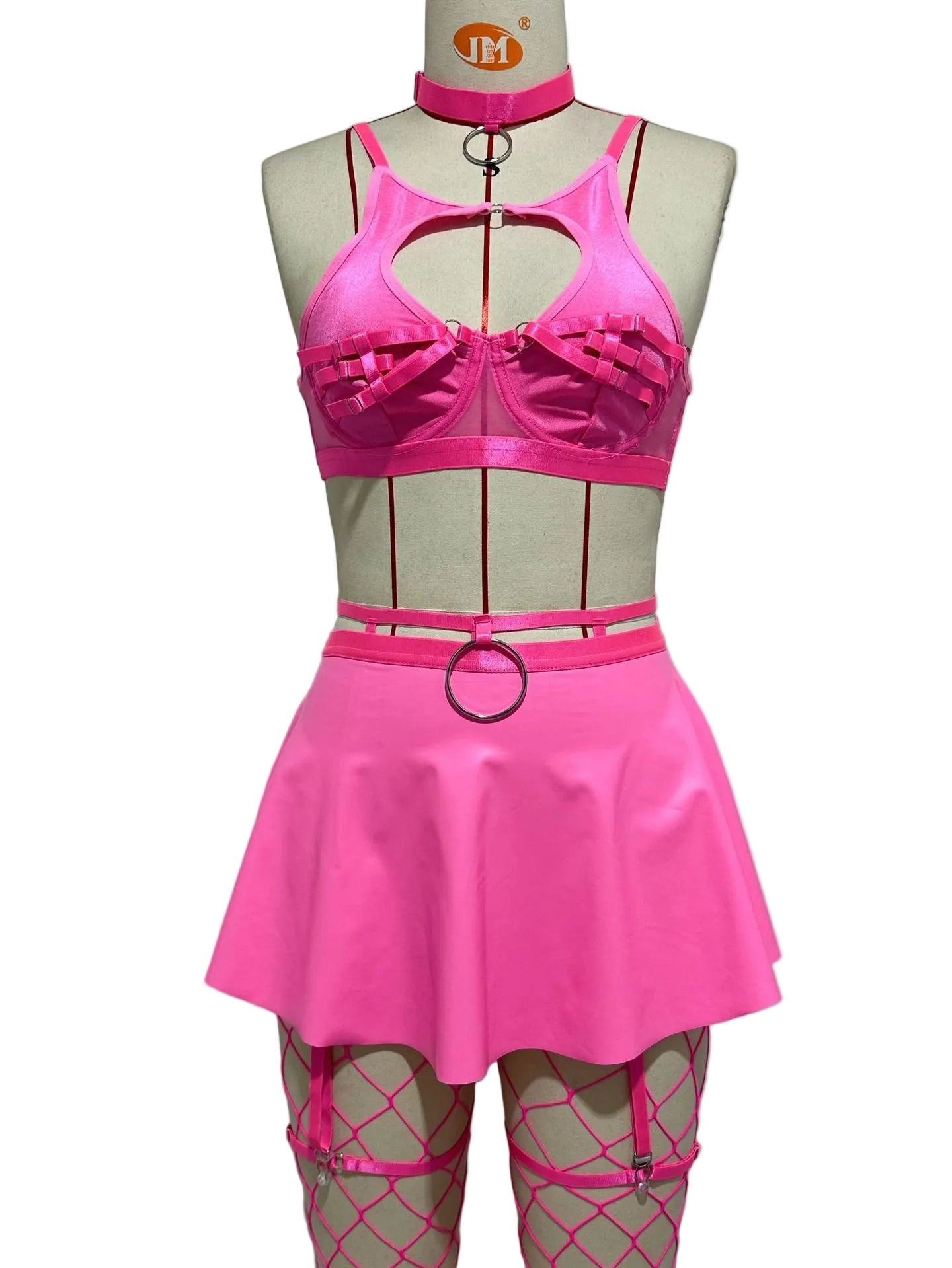 House Of Dasein Lace Sexy Lingerie Set Bra Solid Color Leather Skirt With Fishnet Stockings Women's - Pink - Xl - Image 1