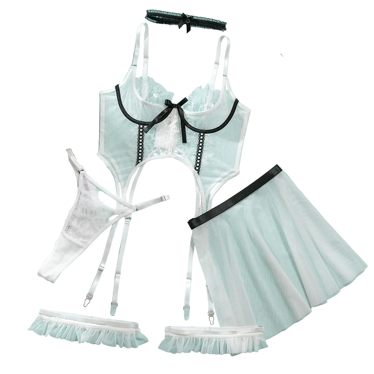 House Of Dasein Lingerie Set Women Lace Splicing Transparent Temptation Sexy Mini Camisole Thong Five Piece - White - S - Image 1