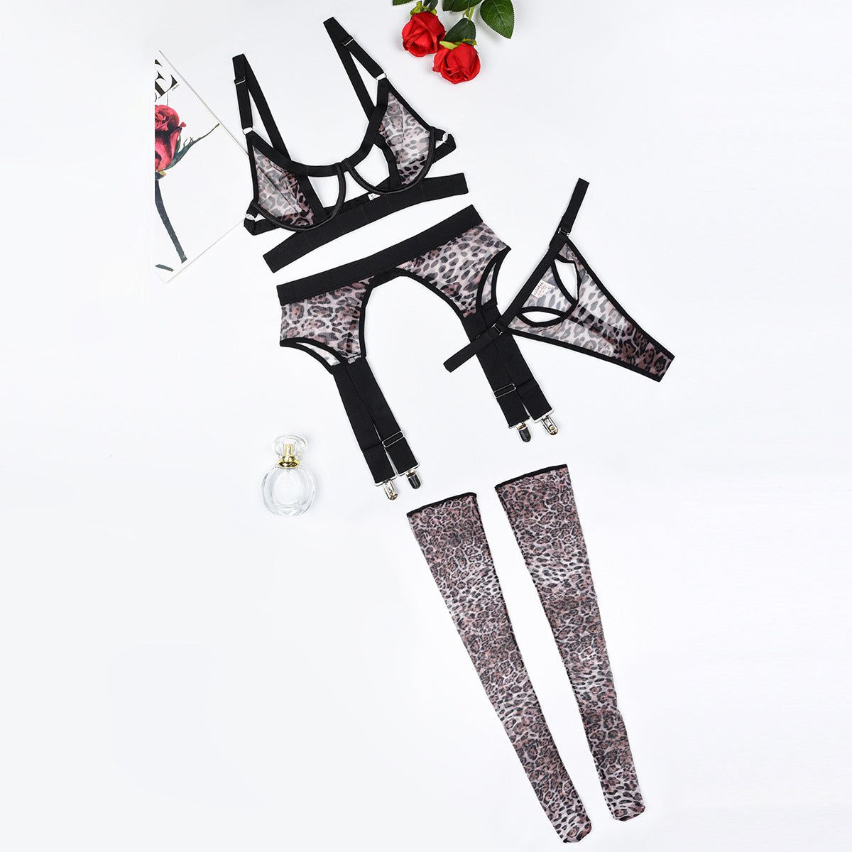 House Of Dasein Sexy Leopard Print Erotic Mesh See Through Shaping Underwear Four Piece Set - S - Black Leopard Pattern Color - Image 1