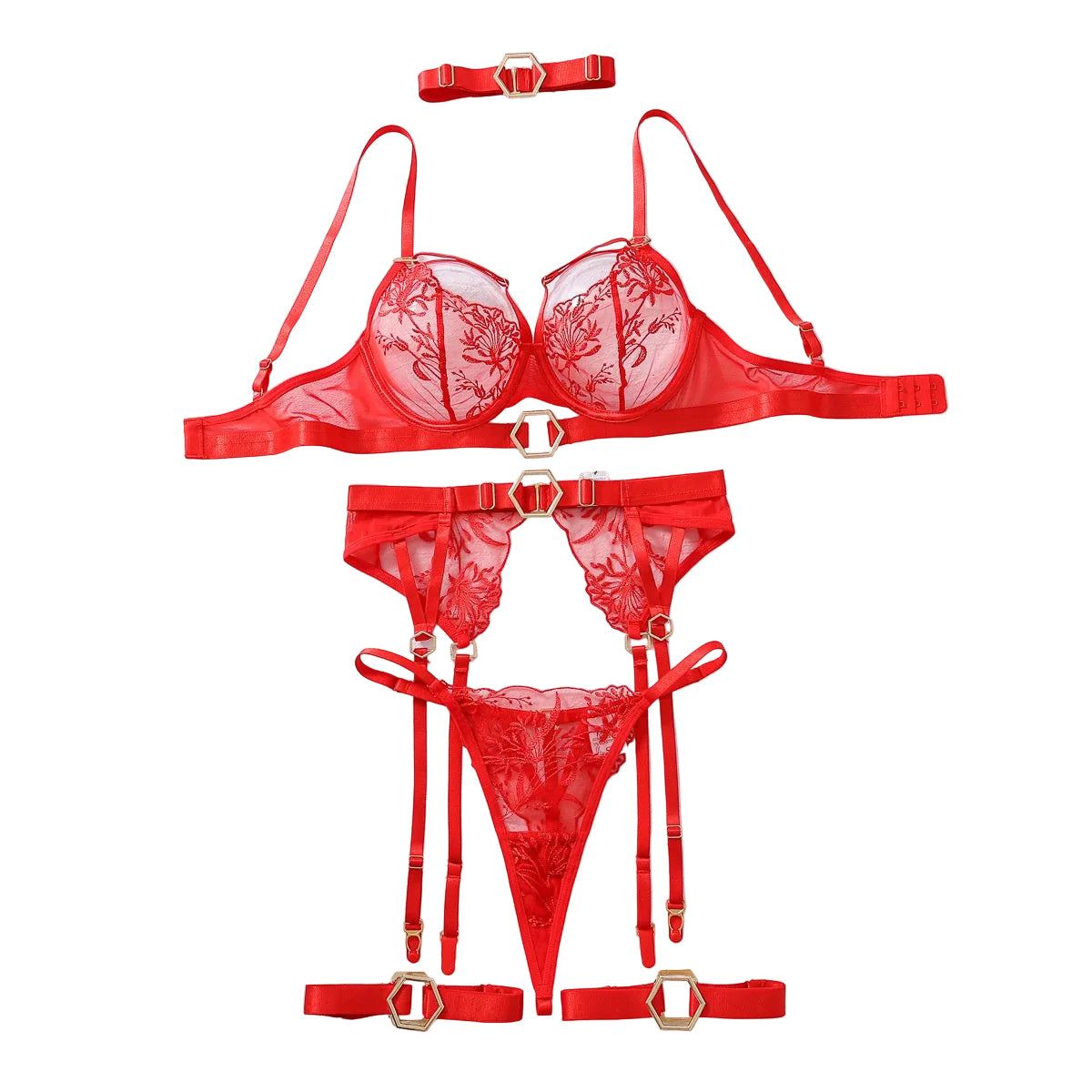 House Of Dasein Metal Buckle Embroidery Mesh Splicing Heavy Duty Erotic Lingerie Five Piece Set - Red - L - Image 1