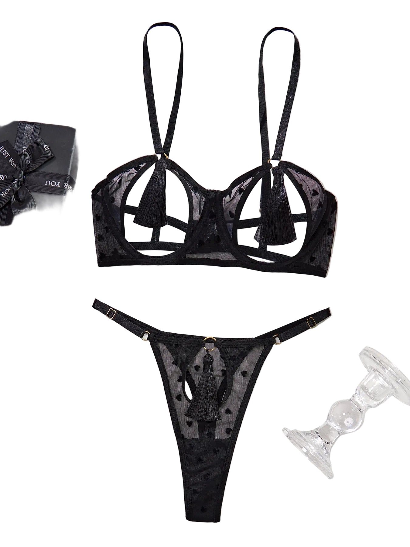 House Of Dasein Love Perspective Mesh Sexy Tassel Fun Hollow Underwear Two Piece Set For Women - Black - S - Image 1