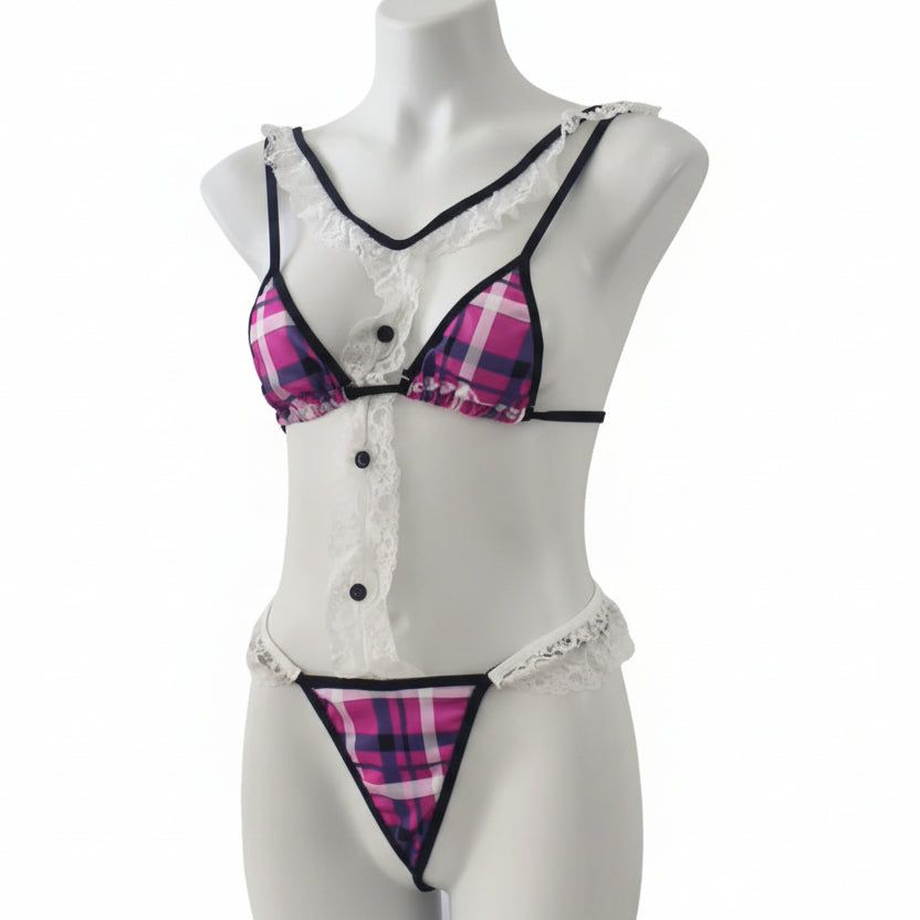 House Of Dasein Sexy Lingerie Set Lace And Plaid Splicing With Adjustable Straps Backless Design For Nightclub Wear - S - Image 1