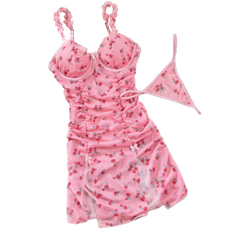 House Of Dasein Sexy Lingerie Pink Printed Valentine's Day Strap Nightgown Uniform Temptation Thong Set - Pink - Xl - Image 1
