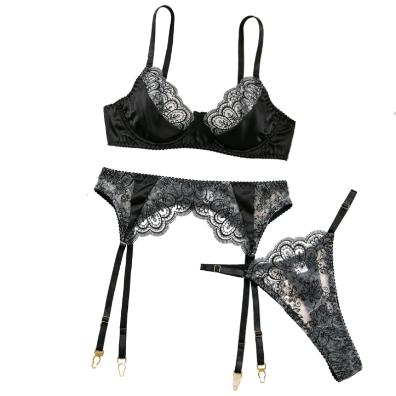 House Of Dasein Sexy Embroidered Lace Bra Underwear Hollow Out Three Piece Backless Women's Lingerie With Silk Stockings - Black - M - Image 1