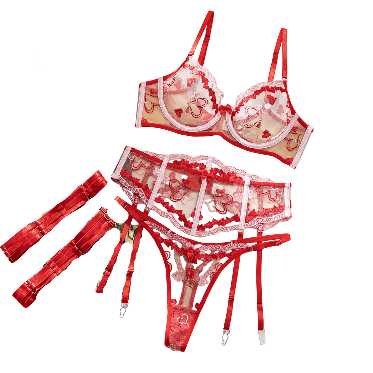 House Of Dasein Sexy Cupid Contrast Heart Embroidery Mesh Boned Waist Bow Women's Lingerie - Red - M - Image 1