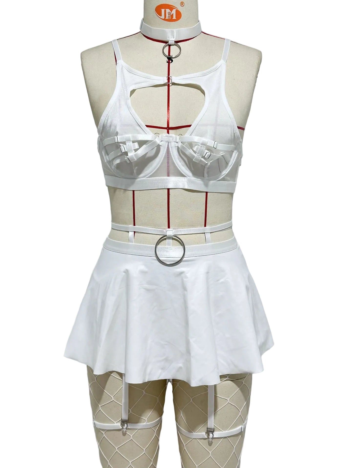 House Of Dasein Lace Sexy Lingerie Set Bra Solid Color Leather Skirt With Fishnet Stockings Women's - White - S - Image 1