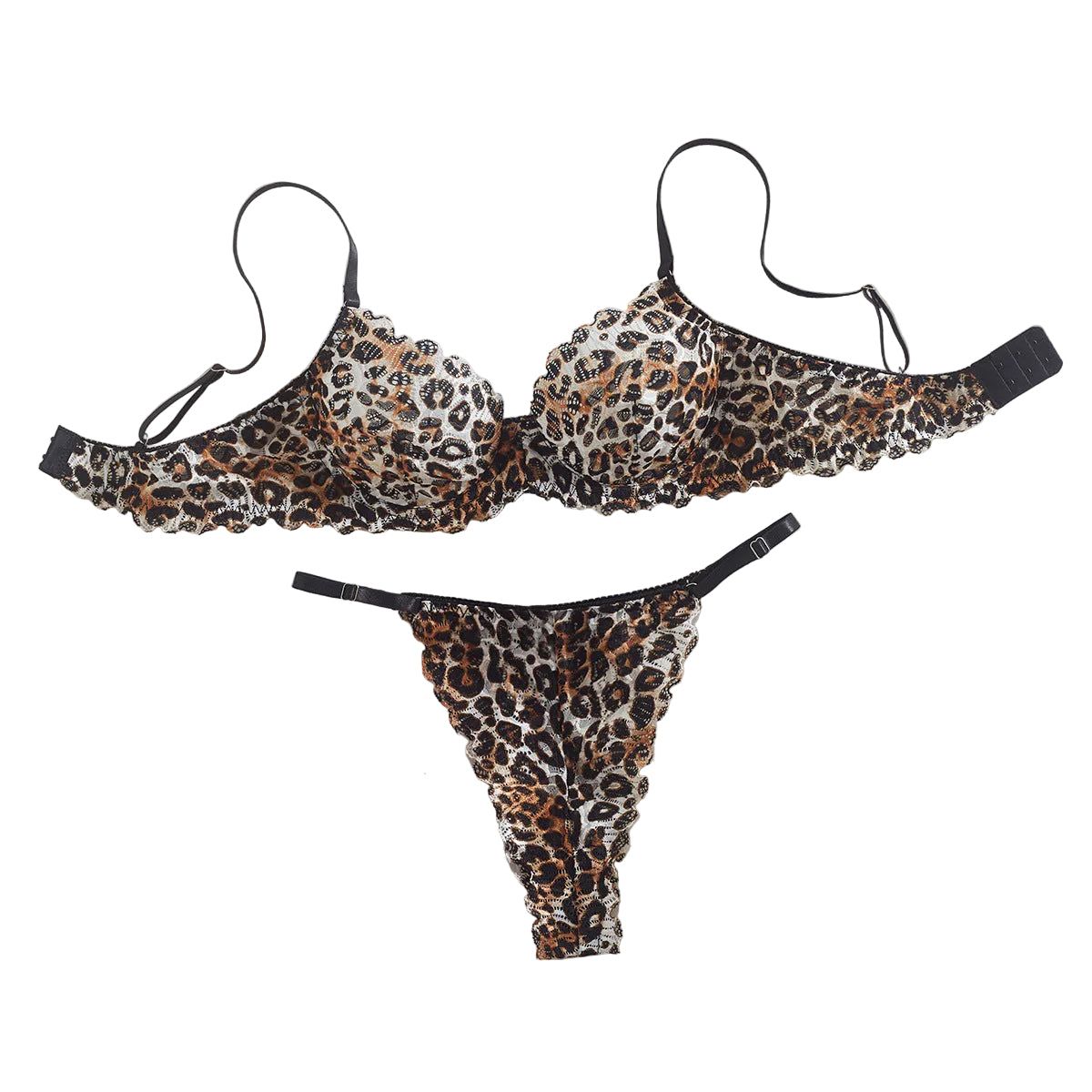 House Of Dasein Sexy Leopard Print Pure Desire Style Thin Underwear Large Chest Minimizer Push Up Bra And Thong Set - Leopard Print - M - Image 1