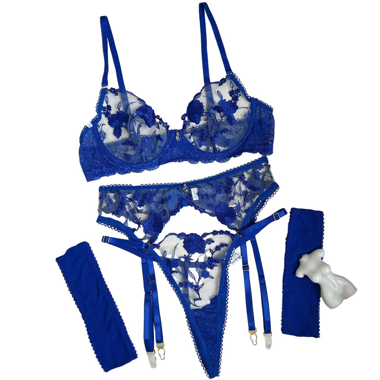 House Of Dasein Embroidered Patchwork Lace Straps For Fun Lingerie Set - Blue - S - Image 1